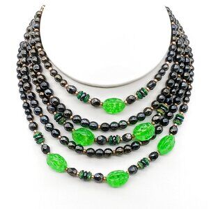 Vintage Five Strand Art Glass Beaded Choker Necklace, Hematite and Dimpled Green